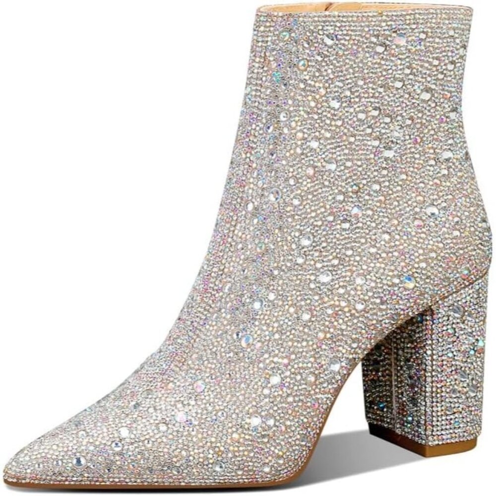 MSONLYDN Ankle Boot Women's Silver Polyester Glass Stone Pointed Toe Chunky Heel
